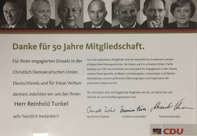Ehrung von Reinhold Tunkel - Ehrenurkunde für 50 Jahre CDU-Mitgliedschaft